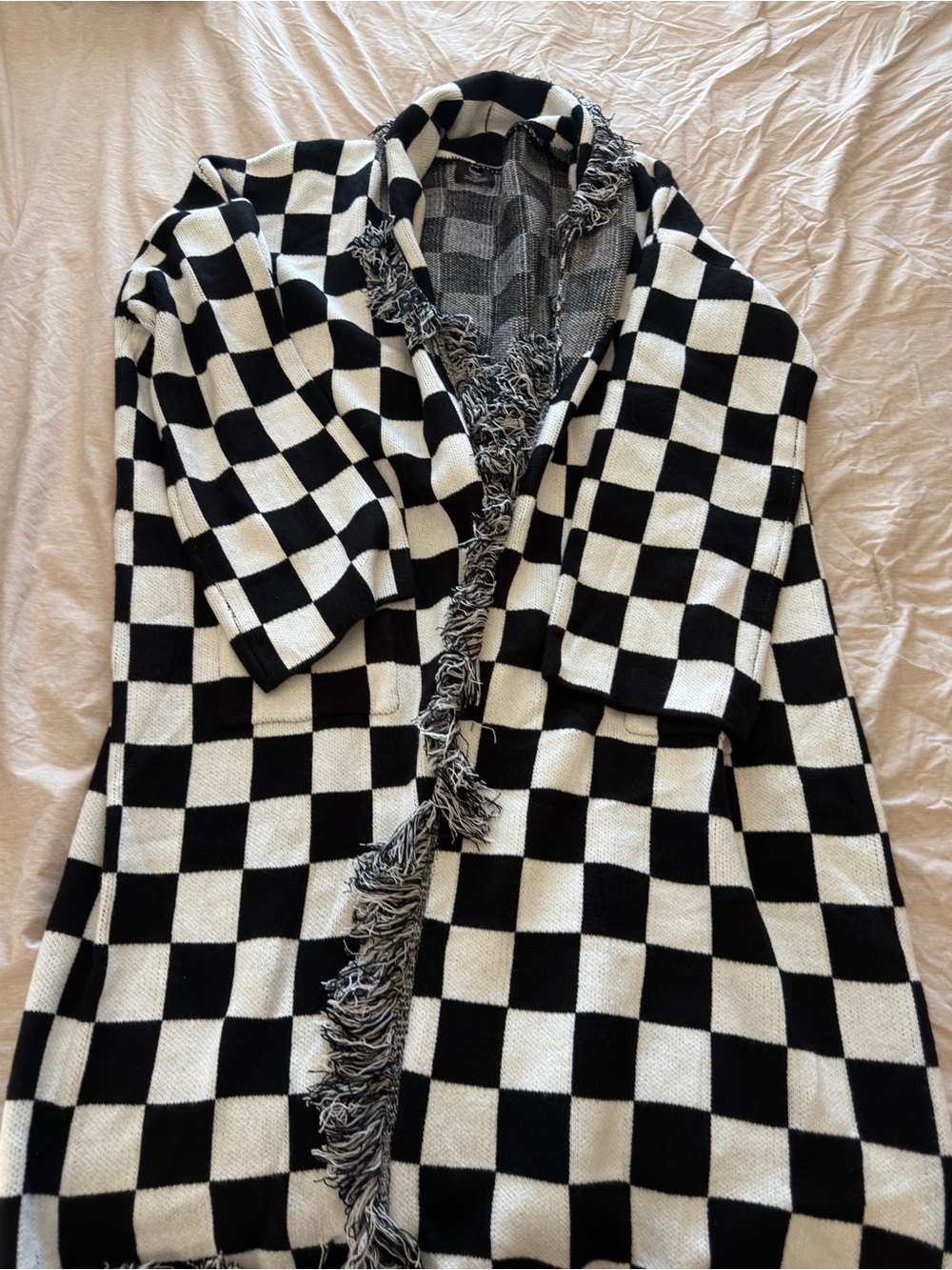 Luxe Fringe Blanket Cardigan in Black + White Check - Picture 5 of 7